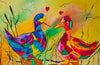 Colorful painting of two ducks with hearts above them on a yellow background
