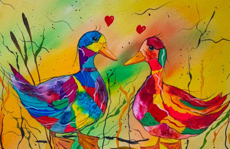 Colorful painting of two ducks with hearts above them on a yellow background